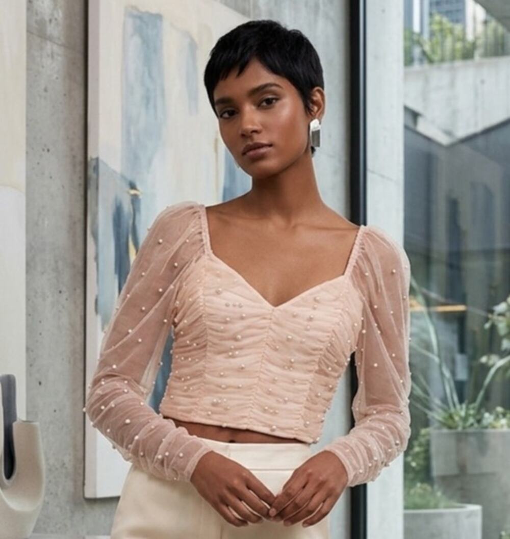 Peach mesh and coquette pearl crop top/corset style blouse